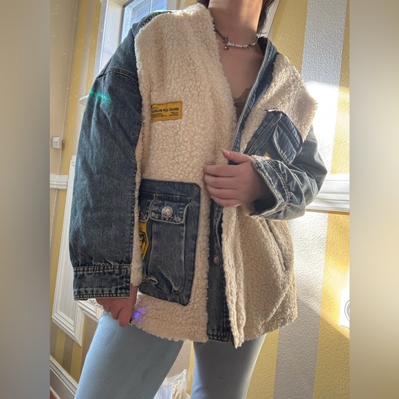 Denim and Sherpa Jacket with Yellow Accents - Picture 7 of 8